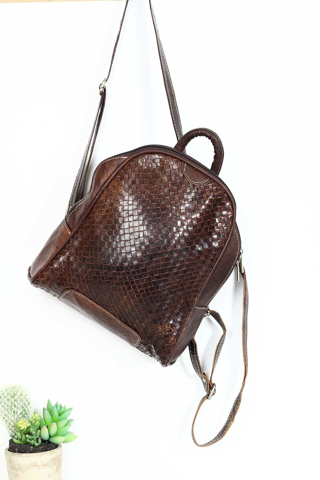 Dark Brown Woven Leather Backpack