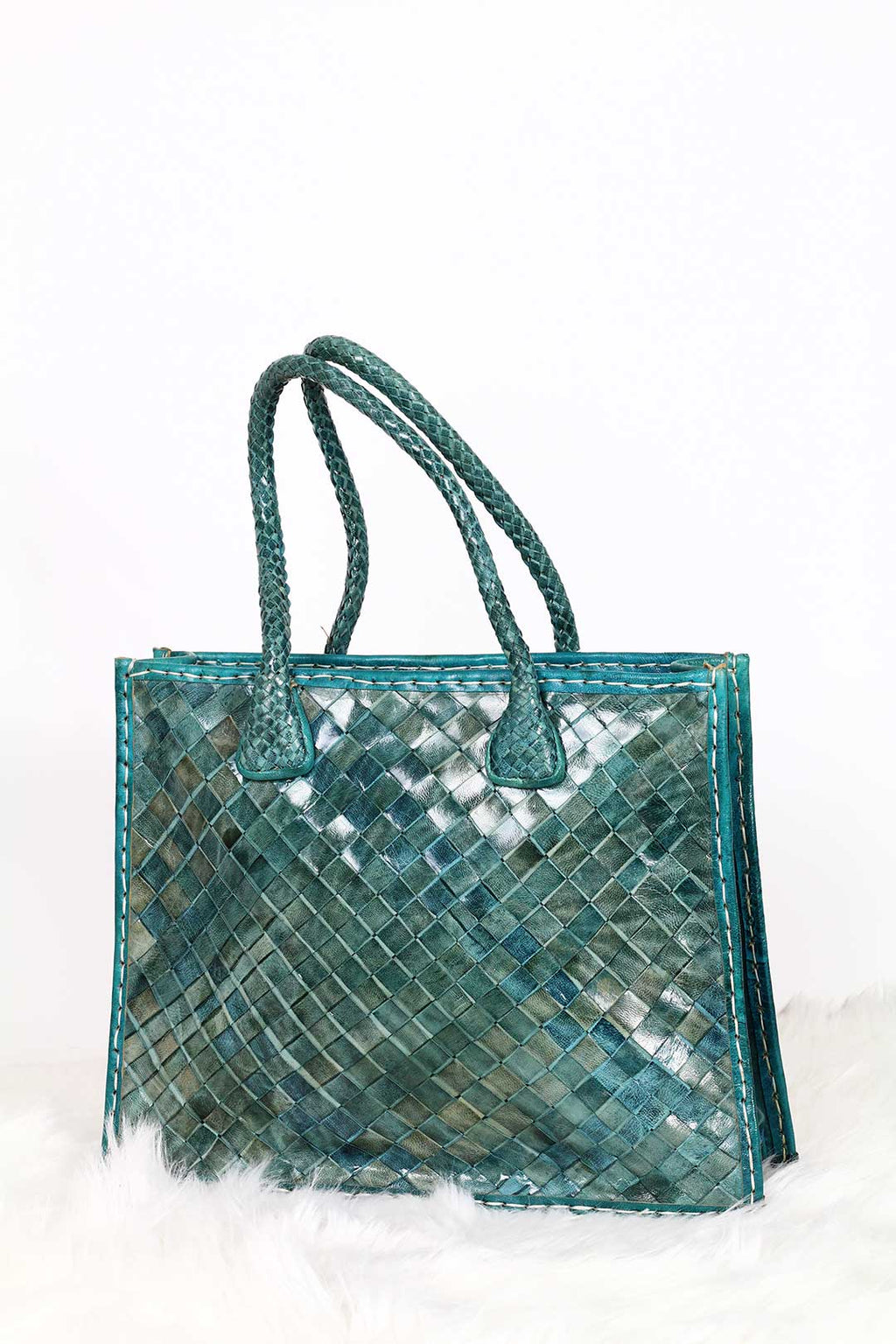 Turquoise Woven Leather Tote bag