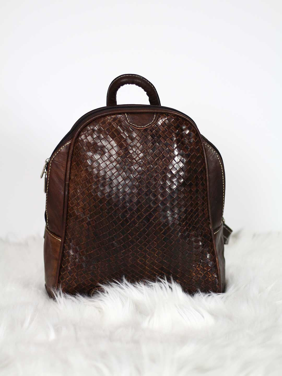 DARK BROWN WOVEN LEATHER BACKPACK
