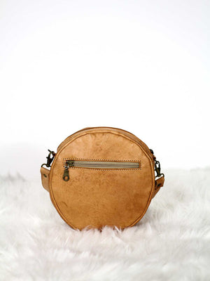 camel sun round leather crossbody bag