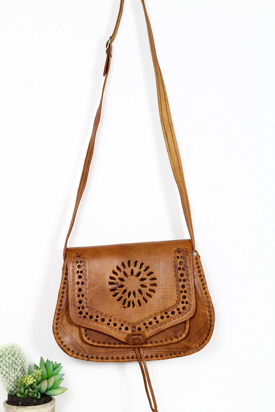 Brown Tooled Crossbody Leather Bag