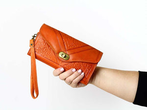moroccan orange leather wristlet