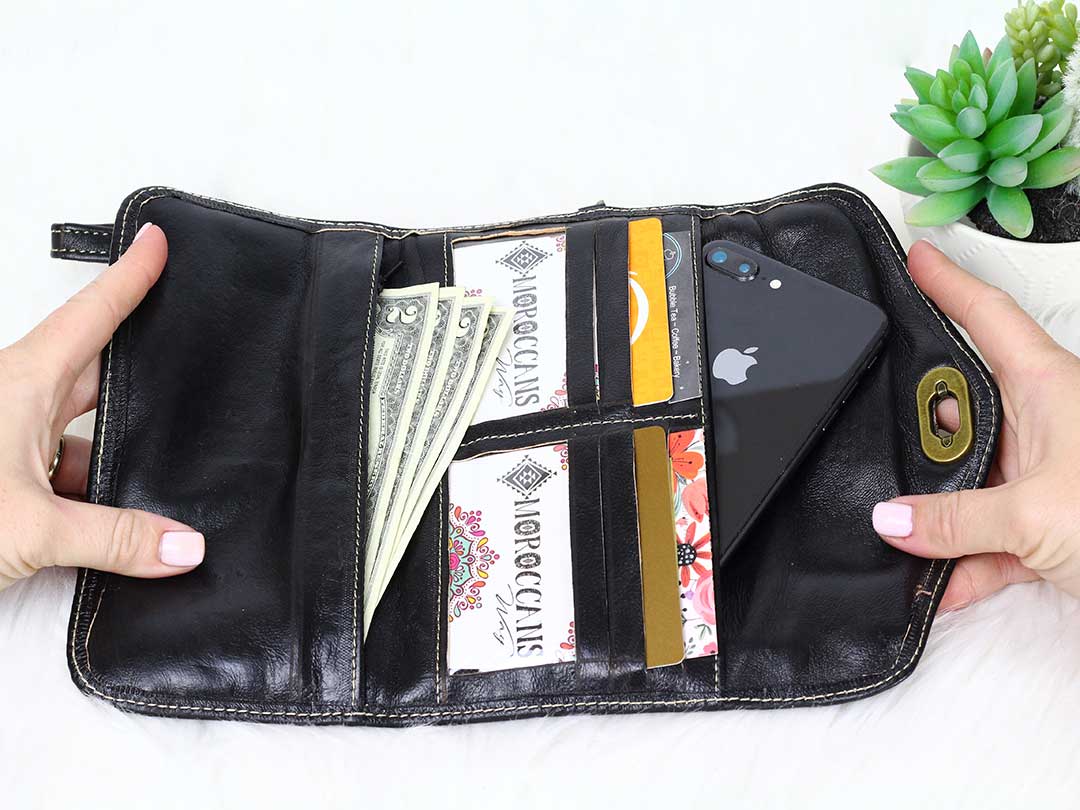 moroccan black leather trifold wristlet 