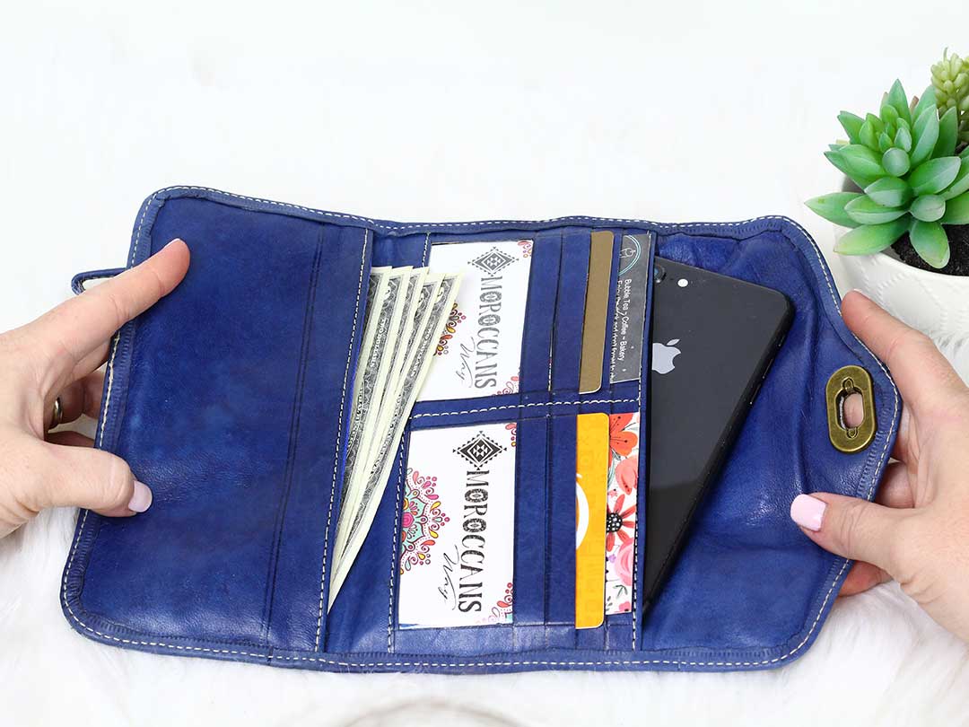 moroccan blue trifold leather wristlet 