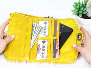 moroccan yellow leather wristlet
