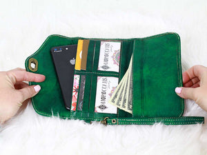 moroccan green trifold leather wristlet