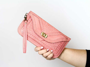 moroccan pink leather wristlet