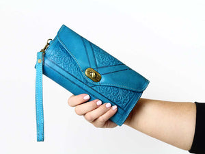 moroccan turquoise trifold leather wristlet