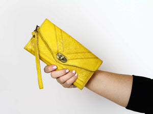 moroccan yellow leather wristlet