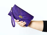moroccan purple leather trifold wristlet